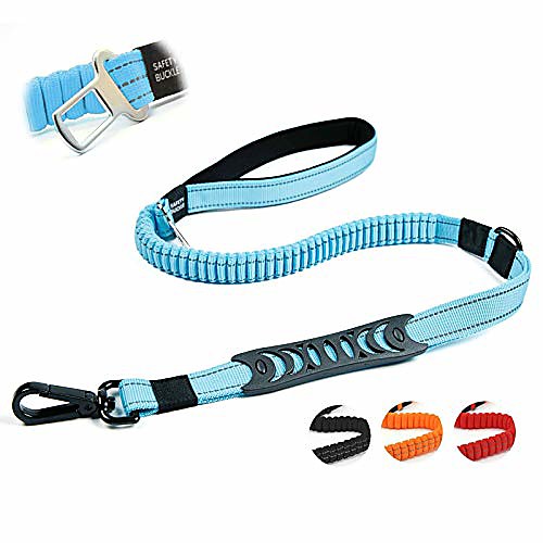 

heavy duty bungee dog leash for large medium dogs - 5 ft reflective dog shock absorbing training leash with double traffic handles - dog car seat belt - strong climbing rope, blue