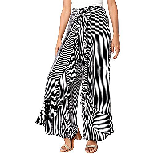 

women ruffle striped pants chiffon wide leg palazzo pants split tie-waist maxi long overlay pant skirts