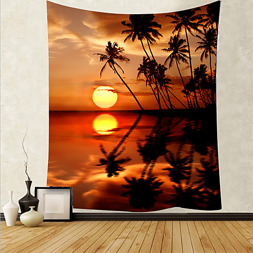 

Wall Tapestry Art Deco Blanket Curtain Picnic Table Cloth Hanging Home Bedroom Living Room Dormitory Decoration Polyester Fiber Beach Series Coconut Tree Sea White Clouds Red Sunset Sunset Waves