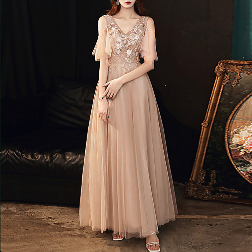A-Line Elegant Floral Wedding Guest Prom Dress V Neck Short Sleeve Floor Length Tulle with Crystals Appliques 2021
A-Line Elegant Floral Wedding Guest Prom Dress V Neck Short Sleeve Floor Length Tulle with Crystals Appliques 2021