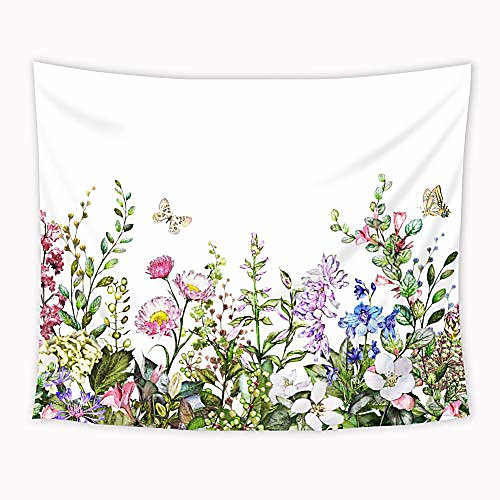 

colorful floral plants tapestry wild flowers nature botanical sketch vintage gross butterfly green wall art hanging bedroom living room dorm 60x80 inches wall blankets home decor fabric