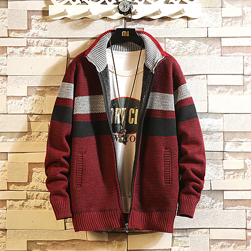 Men's Zipper Front Knitted Striped Sweater Long Sleeve Sweater Cardigans Stand Collar Fall Winter Blue Wine Light gray
Men's Zipper Front Knitted Striped Sweater Long Sleeve Sweater Cardigans Stand Collar Fall Winter Blue Wine Light gray