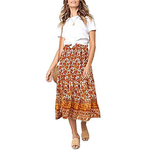 women's boho floral print elastic high waist pleated a line midi skirt with pockets
women's boho floral print elastic high waist pleated a line midi skirt with pockets