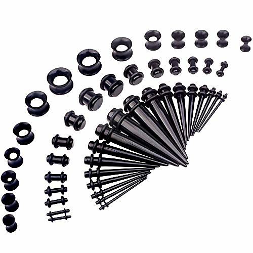 

50 pcs 14g-00g ear stretching kits acrylic tapers plugs & silicone tunnels gauges expander set body piercing jewelry, black
