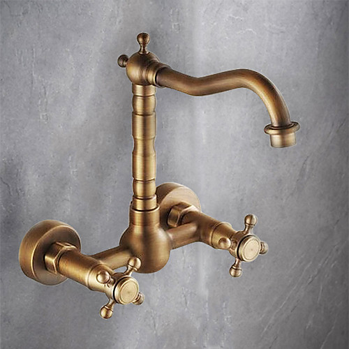 

Brass Kitchen Faucet, Wall Mounted Two Handles Two Holes Antique Brass Standard Spout Traditional Kitchen Taps with Hot and Cold Water