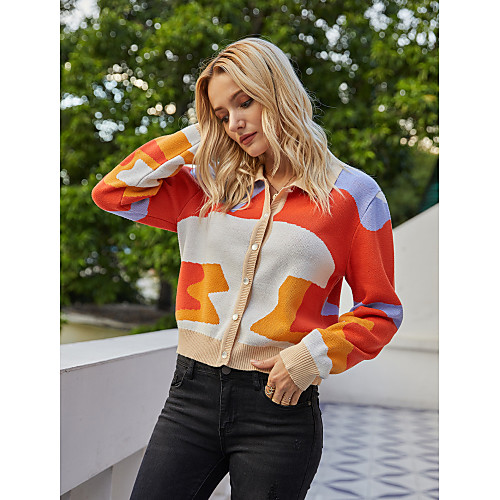 Women's Basic Knitted Color Block Geometric Cardigan Long Sleeve Sweater Cardigans Shirt Collar Fall Winter Rainbow
Women's Basic Knitted Color Block Geometric Cardigan Long Sleeve Sweater Cardigans Shirt Collar Fall Winter Rainbow