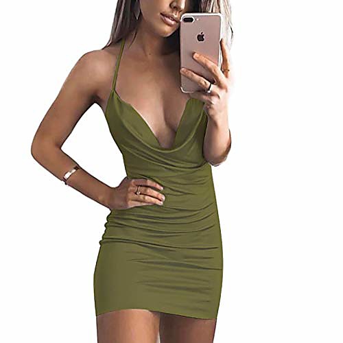 

women's casual sleeveless ruched cocktail party dresses bodycon mini sexy club dress cami dress (army green,s)