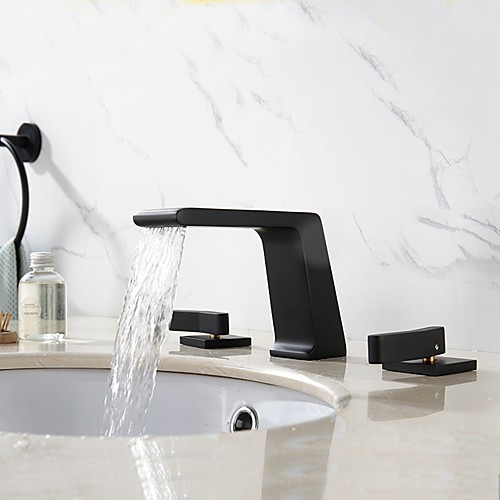 

Bathroom Sink Faucet - Luxury Vanity Widespread Black Basin Faucet Deck Mounted Vessel Sink Hot Cold Water Mixer Tap Two Handles Three Holes Bath Taps