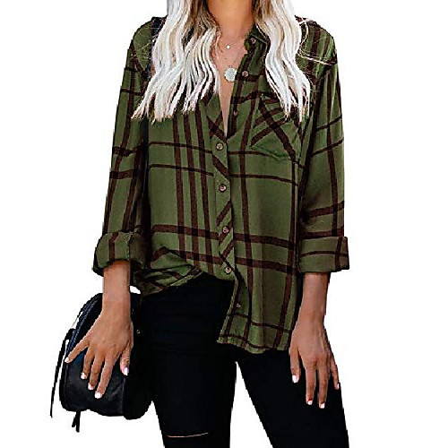 womens plaid button down top long sleeves v neck pocketed blouse shirt army green
womens plaid button down top long sleeves v neck pocketed blouse shirt army green