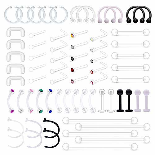 

65pcs mix style clear piercing retainer flexible lip ear nose septum eyebrow nipple tongue rings cartilage tragus earrings retainer bioflex horseshoe hoop industrial barbell
