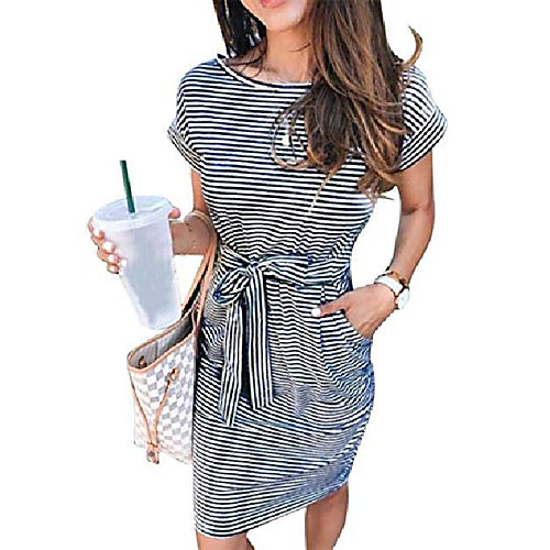 women's summer striped dresses, short sleeve t shirt dress casual tie waist with pockets black
women's summer striped dresses, short sleeve t shirt dress casual tie waist with pockets black