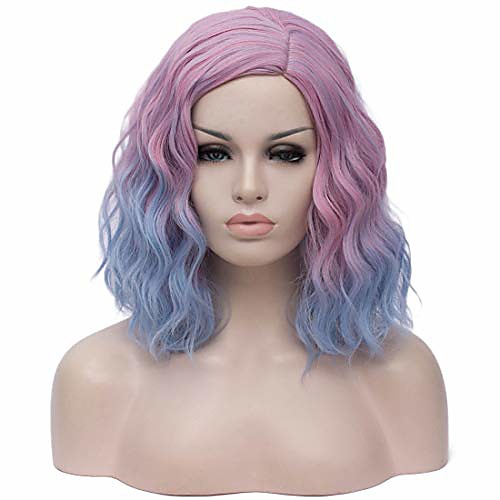 

short bob natural pastel wavy wig women's 14 shoulder length synthetic cosplay wigs charming curly wig for girl colorful costume halloween party (pink ombre blue)