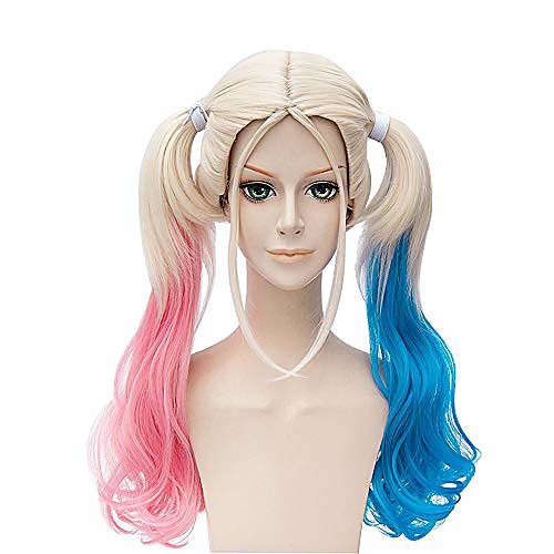 

50cm/19.7 women long blonde wig with two curly ponytails pink and blue for harley quinn anime cosplay multi-color lolita hair wigs