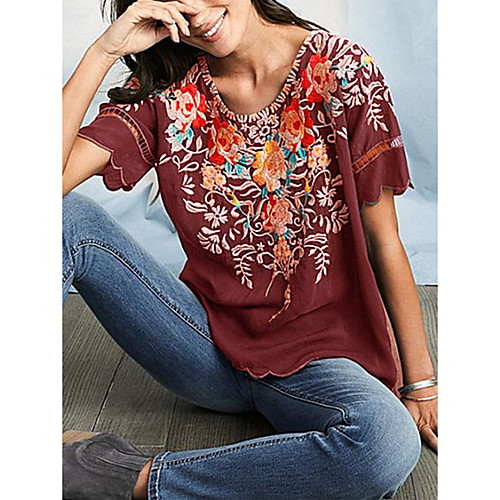 Women's Blouse Shirt Floral Embroidered Print Round Neck Tops Basic Top Red Green Dusty Blue
Women's Blouse Shirt Floral Embroidered Print Round Neck Tops Basic Top Red Green Dusty Blue