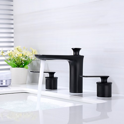 

Bathroom Sink Faucet - Shower Toilet Vanity Basin Faucet Widespread Black Vessel Sink Hot Cold Water Mixer Tap Deck Mounted Two Handles Three Holes Bath Taps