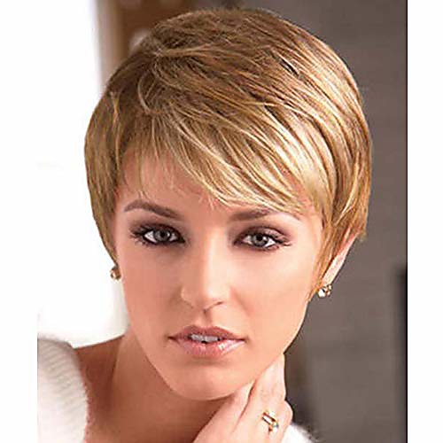 

short pixie cut strawberry blonde wig with bangs high temperature kanekalon synthetic silky straight realistic wigs for women with wig cap