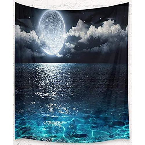 

night sky tapestry wall hanging full moon on the sea magical fantasy wall art 3d watercolor tapestry wall for bedroom living room dorm home decor, 60 x 40 inches