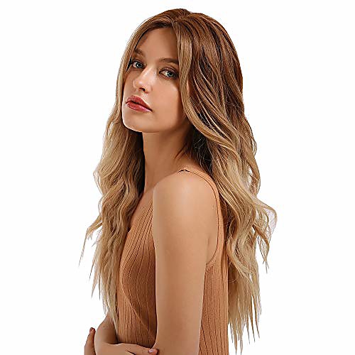 

long curly wavy wigs ombre blonde middle parting heat resistant synthetic hair wigs for women fashion cosplay fancy dress party wig or daily wear 28in
