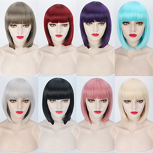 

Synthetic Wig Lolita Straight Short Bob Neat Bang Wig Short Silver grey Brown Blonde Grey Pink Synthetic Hair 12 inch Women's Anime Heat Resistant Blonde Brown hairjoy