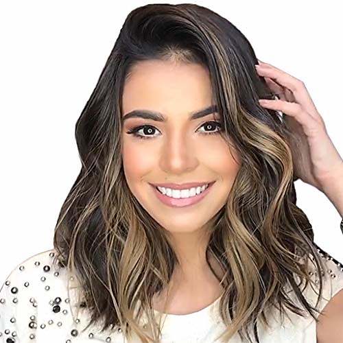 

long layered shoulder length curly hair wigs highlight side parting wavy wigs for women zulmuliu (45cm, brown)