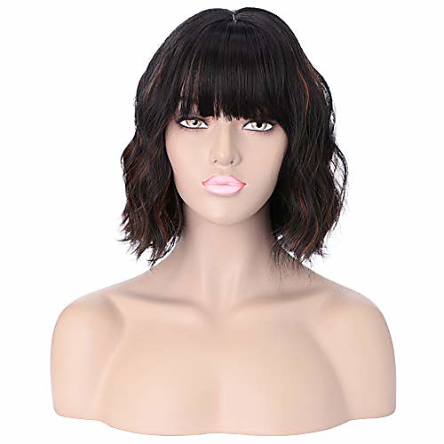 

bob wig with bangs, natural look synthetic curly wavy bob wig for women short wig with air bangs hair extension bob style heat resistant hairpiece wig