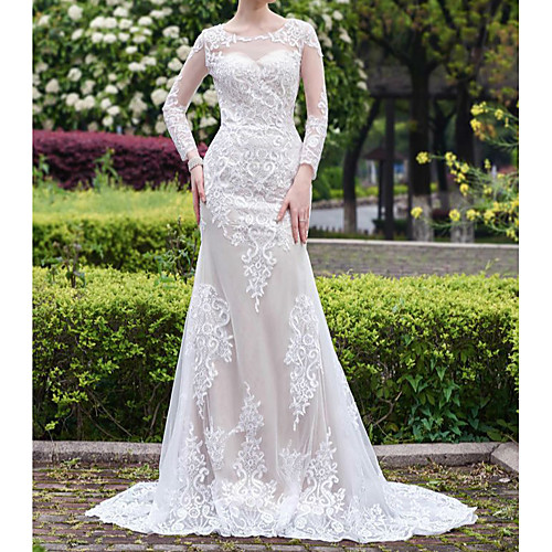 Mermaid / Trumpet Wedding Dresses Jewel Neck Court Train Lace Long Sleeve Country Romantic with Appliques 2021
Mermaid / Trumpet Wedding Dresses Jewel Neck Court Train Lace Long Sleeve Country Romantic with Appliques 2021