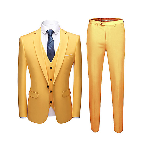 

Yellow Solid Colored Tailored Fit Polyester Suit - Notch Single Breasted One-button / Suits