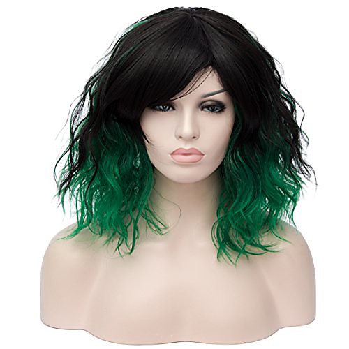 

max beauty ca-creation 35cm/14'' ombre short curly bob wig with bangs daily wig for halloween and party free cap (tilted bangs, ombre black & green)