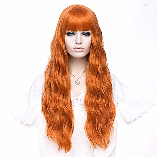 

women's orange wigs with bangs 27'' fluffy long curly wavy lolita wigs for girl halloween cosplay party wigs with cap