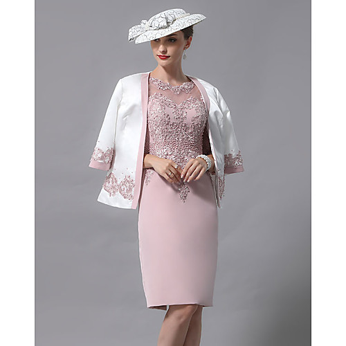 Sheath / Column Mother of the Bride Dress Wrap Included Jewel Neck Knee Length Lace Jersey 3/4 Length Sleeve with Beading Appliques 2021
Sheath / Column Mother of the Bride Dress Wrap Included Jewel Neck Knee Length Lace Jersey 3/4 Length Sleeve with Beading Appliques 2021