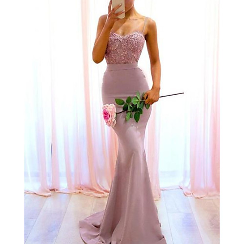 Mermaid / Trumpet Spaghetti Strap Sweep / Brush Train Lace / Satin Bridesmaid Dress with Lace / Appliques
Mermaid / Trumpet Spaghetti Strap Sweep / Brush Train Lace / Satin Bridesmaid Dress with Lace / Appliques