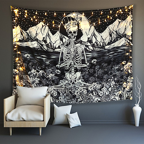 

Wall Tapestry Art Deco Blanket Curtain Picnic Table Cloth Hanging Home Bedroom Living Room Dormitory Decoration Polyester Fiber Skull Sitting in Crown