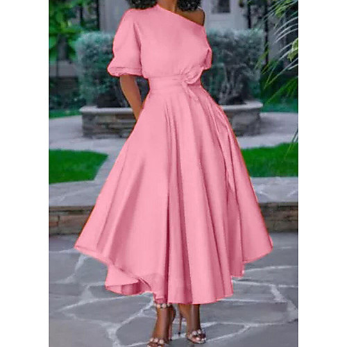 

Women's Swing Dress Maxi long Dress Blushing Pink Gray Dusty Blue Orange White Black Half Sleeve Solid Color Lace up Patchwork Fall Spring cold shoulder Elegant Casual 2021 M L XL XXL