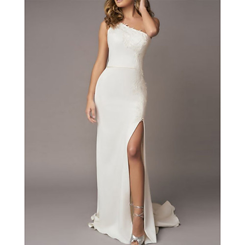 Sheath / Column Wedding Dresses One Shoulder Sweep / Brush Train Lace Charmeuse Regular Straps with Draping Split Front 2021
Sheath / Column Wedding Dresses One Shoulder Sweep / Brush Train Lace Charmeuse Regular Straps with Draping Split Front 2021