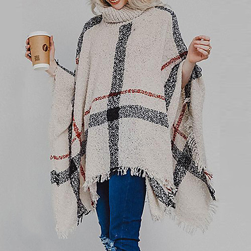 

Women's Stylish Tassel Knitted Plaid Pullover Cloak / Capes Long Sleeve Sweater Cardigans Turtleneck Fall Winter Black Red Khaki