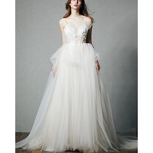 A-Line Wedding Dresses V Neck Sweep / Brush Train Tulle Sleeveless Romantic with Lace Insert Appliques 2021
A-Line Wedding Dresses V Neck Sweep / Brush Train Tulle Sleeveless Romantic with Lace Insert Appliques 2021