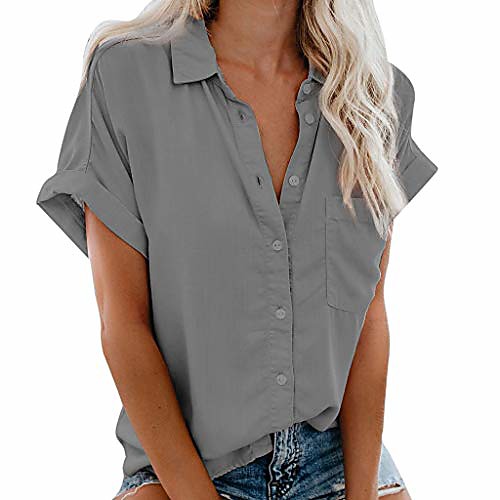 womens short sleeve t shirt casual v neck cuffed sleeve button down collar blouses shirts top with pocket gray
womens short sleeve t shirt casual v neck cuffed sleeve button down collar blouses shirts top with pocket gray