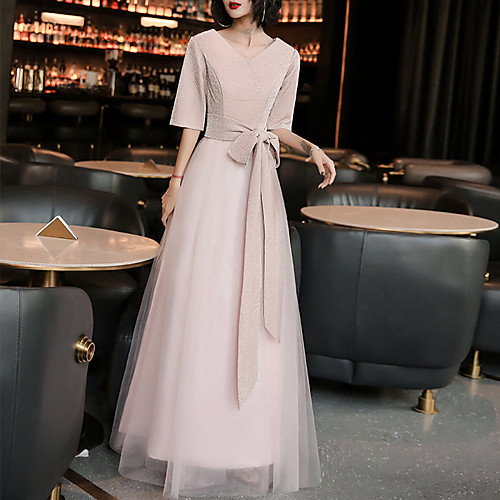 A-Line Minimalist Vintage Wedding Guest Formal Evening Dress V Neck Half Sleeve Floor Length Spandex Tulle with Sash / Ribbon 2021
A-Line Minimalist Vintage Wedding Guest Formal Evening Dress V Neck Half Sleeve Floor Length Spandex Tulle with Sash / Ribbon 2021