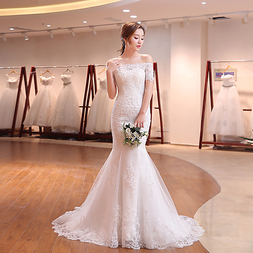 Mermaid / Trumpet Wedding Dresses Off Shoulder Sweep / Brush Train Tulle Lace Over Satin Short Sleeve Romantic with Beading Appliques 2021
Mermaid / Trumpet Wedding Dresses Off Shoulder Sweep / Brush Train Tulle Lace Over Satin Short Sleeve Romantic with Beading Appliques 2021