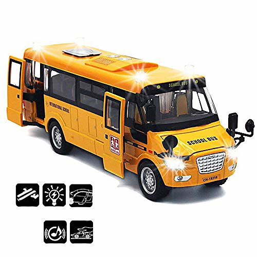 

school bus toy die cast vehicles yellow large alloy pull back 9'' play bus with sounds and lights for kids