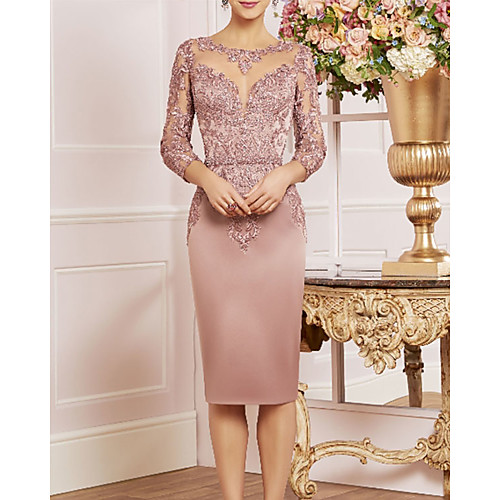 Sheath / Column Mother of the Bride Dress Plus Size Elegant Bateau Neck Knee Length Lace Satin 3/4 Length Sleeve with Ruffles 2021
Sheath / Column Mother of the Bride Dress Plus Size Elegant Bateau Neck Knee Length Lace Satin 3/4 Length Sleeve with Ruffles 2021