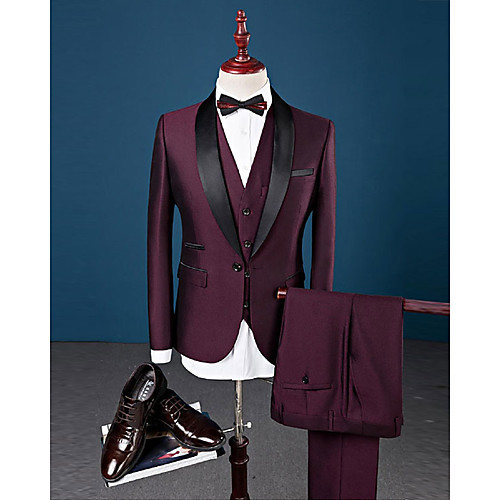 Burgundy Solid Colored Slim Fit Spandex / Cotton / Polyester Suit - Shawl Collar Single Breasted One-button / Suits
Burgundy Solid Colored Slim Fit Spandex / Cotton / Polyester Suit - Shawl Collar Single Breasted One-button / Suits