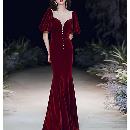 Mermaid / Trumpet Elegant Vintage Wedding Guest Formal Evening Valentine's Day Dress Illusion Neck Short Sleeve Floor Length Velvet with Buttons 2021
Mermaid / Trumpet Elegant Vintage Wedding Guest Formal Evening Valentine's Day Dress Illusion Neck Short Sleeve Floor Length Velvet with Buttons 2021