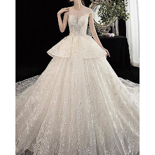Princess Ball Gown Wedding Dresses Jewel Neck Chapel Train Lace Tulle Cap Sleeve Formal Luxurious with Ruffles 2021
Princess Ball Gown Wedding Dresses Jewel Neck Chapel Train Lace Tulle Cap Sleeve Formal Luxurious with Ruffles 2021
