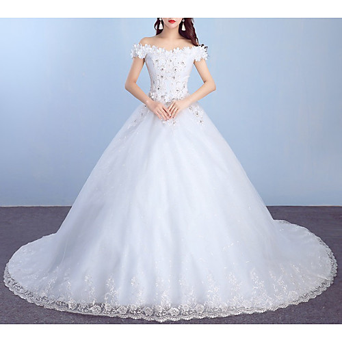 Princess Ball Gown Wedding Dresses Off Shoulder Court Train Lace Tulle Short Sleeve Formal Sparkle & Shine with Appliques 2021
Princess Ball Gown Wedding Dresses Off Shoulder Court Train Lace Tulle Short Sleeve Formal Sparkle & Shine with Appliques 2021