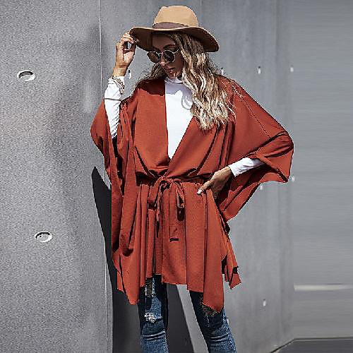 

Women's Solid Colored Lace up Streetwear Spring & Fall Cloak / Capes Regular Going out Long Sleeve Cotton Blend Coat Tops Red