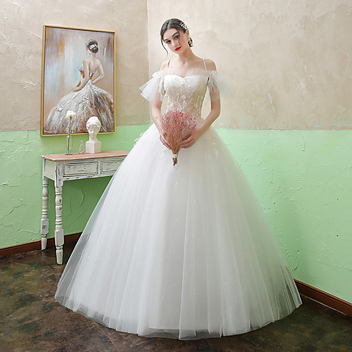Princess Ball Gown Wedding Dresses Spaghetti Strap Floor Length Lace Tulle Short Sleeve Romantic with Ruffles Appliques 2021
Princess Ball Gown Wedding Dresses Spaghetti Strap Floor Length Lace Tulle Short Sleeve Romantic with Ruffles Appliques 2021