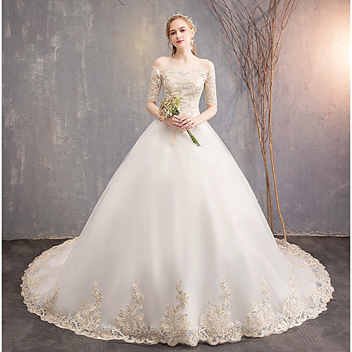 Princess Ball Gown Wedding Dresses Off Shoulder Court Train Lace Tulle Short Sleeve Formal Luxurious Elegant with Appliques 2021
Princess Ball Gown Wedding Dresses Off Shoulder Court Train Lace Tulle Short Sleeve Formal Luxurious Elegant with Appliques 2021