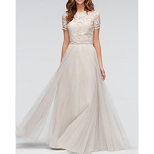 A-Line Jewel Neck Floor Length Lace / Tulle Bridesmaid Dress with Appliques / Ruching
A-Line Jewel Neck Floor Length Lace / Tulle Bridesmaid Dress with Appliques / Ruching