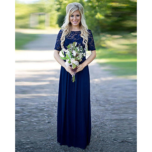 A-Line Jewel Neck Floor Length Chiffon / Lace Bridesmaid Dress with Sash / Ribbon
A-Line Jewel Neck Floor Length Chiffon / Lace Bridesmaid Dress with Sash / Ribbon
